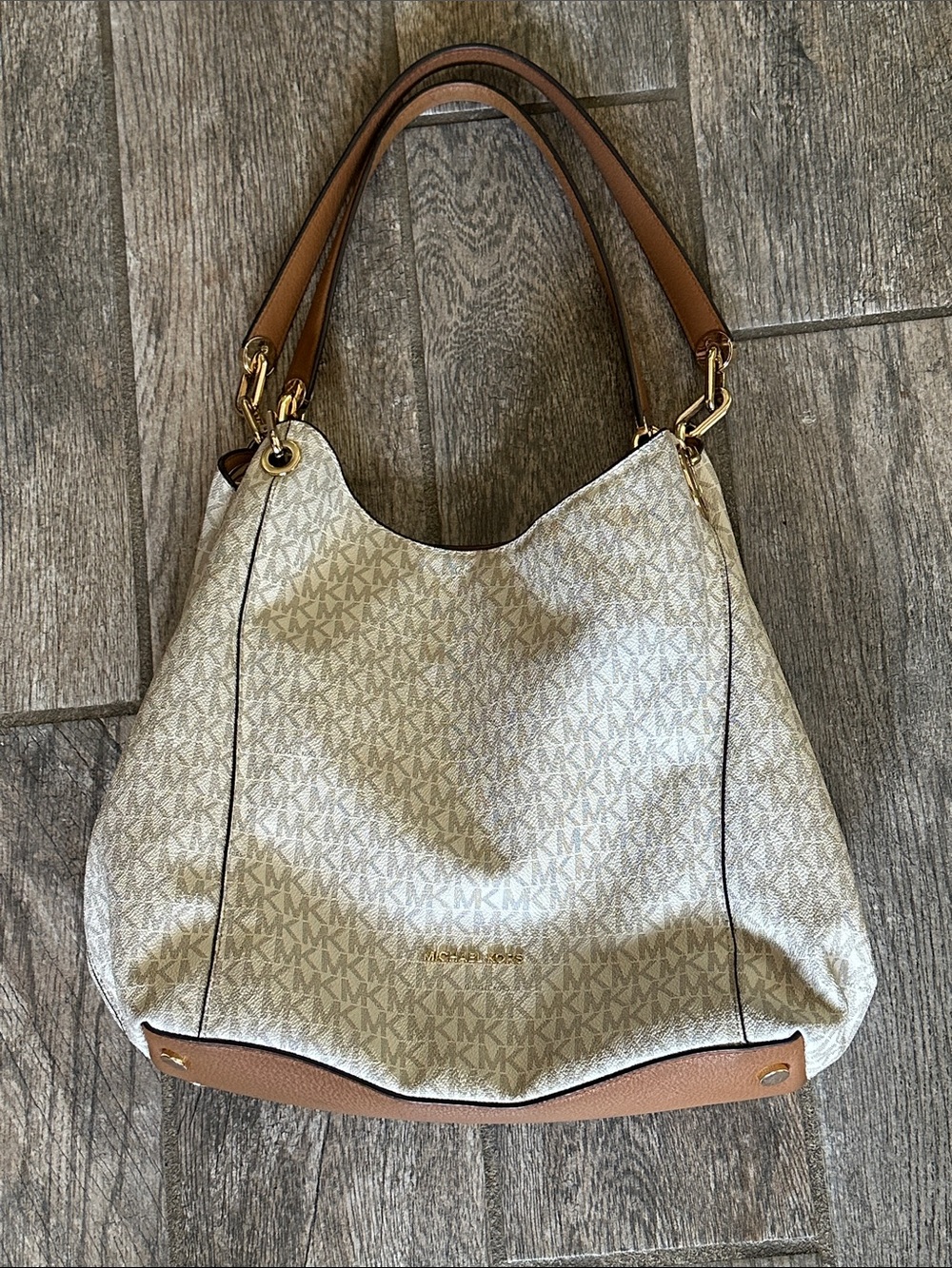 Michael Kors Beige Logo Canvas Shoulder Bag with Brown Leather Trim